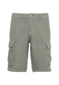 Pantaloni cargo verdi in lino con tasche laterali, chiusura con bottone e vestibilità rilassata. Il tessuto appare morbido e traspirante.