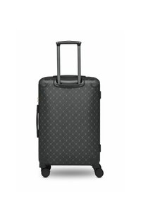 Maleta rígida negra con un patrón en diamante, asa retráctil, asa lateral y cuatro ruedas para facilitar la movilidad.