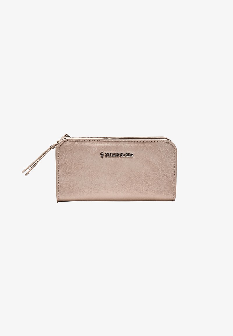 Portefeuille rectangulaire beige à fermeture éclair intégrale, fini texturé et logo de marque en métal sur le devant, tirette de fermeture ornée de deux pampilles en cuir.