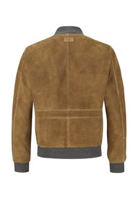 Brown suede jacket featuring a grey knit collar and cuffs, smooth texture, and minimalistic design with stitching details on the back.