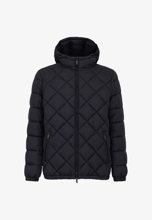 Black puffer jacket with a diamond quilted pattern, fitted hood, and zippered front. Features two side pockets and elastic cuffs.