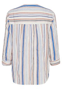 Dryžuota palaidinė, pagaminta iš medvilnės audinio, su trijų ketvirčių ilgumo rankovėmis, apvaliu apvadu ir vertikaliomis dryžiais mėlynose, rudose ir baltose spalvose.