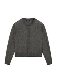 Cardigan gris avec un col rond, des manches longues et une fermeture à boutons à l'avant. Réalisé en tissu tricoté texturé avec un design court.