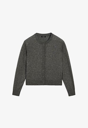 Cardigan gris avec un col rond, des manches longues et une fermeture à boutons à l'avant. Réalisé en tissu tricoté texturé avec un design court.