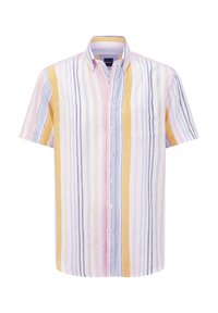 Kurzarm-Hemd mit Knopfleiste aus einer Baumwoll-Leinen-Mischung, mit vertikalen Streifen in Pink, Gelb, Lila und Weiß. Mit einer Brusttasche.