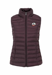Dark purple sleeveless puffy vest with a high collar, front zip closure, horizontal quilted design, and a logo patch on the chest.