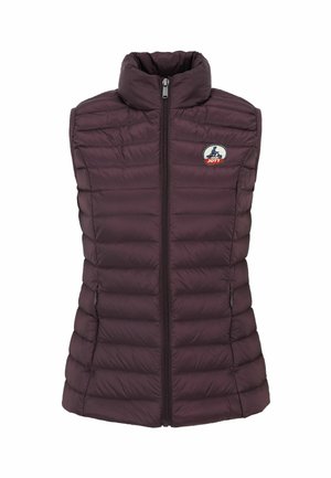Donkerpaarse mouwloze puffy vest met een hoge kraag, rits aan de voorkant, horizontaal geborduurd ontwerp en een logo patch op de borst.
