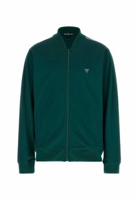 Mørkegrøn zip-up jakke med ståkrave, sidelommer, ribbede manchetter og talje, med et lille logo på venstre bryst.