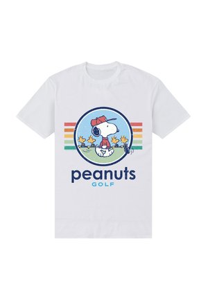 Wit T-shirt met Snoopy die een rode pet en shirt draagt en een golfclub vasthoudt, omringd door vier Woodstocks, met daaronder de tekst "peanuts GOLF".