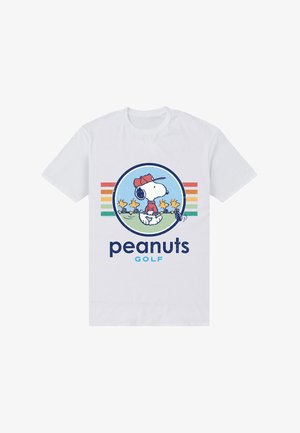 Biała koszulka z Snoopym w czerwonej czapce i koszuli trzymającym kij golfowy, otoczona przez cztery Woodstocki, z napisem "peanuts GOLF" poniżej.