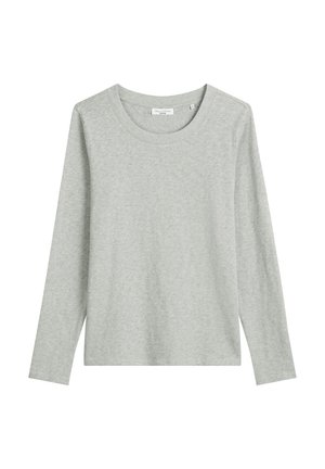 Long-sleeve, crew-neck shirt in light gray, made from soft fabric. Simple design with no visible patterns or accents.