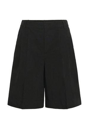 Shorts noirs sur mesure longueur genou avec passants de ceinture et plis à l'avant, présentés sur fond blanc.