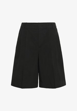 Pantalones cortos negros a la altura de la rodilla, confeccionados a medida, con trabillas para cinturón y pliegues frontales, mostrados sobre un fondo blanco.
