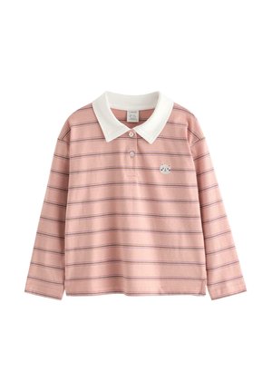 Pink langærmet polo med tynde, horisontale hvide og lilla striber, hvid krave, to knapper og lille broderet katteansigt på brystet.