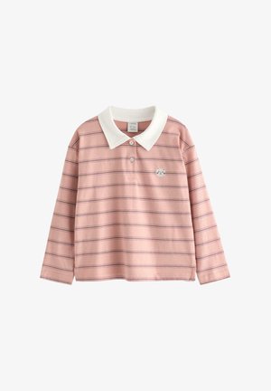 Pink langærmet polo med tynde, horisontale hvide og lilla striber, hvid krave, to knapper og lille broderet katteansigt på brystet.