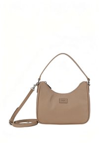 Beige synthetische schoudertas met een gebogen vorm, een bovenste rits en een afneembare riem. Heeft een logoplaatje aan de voorkant.