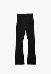 Sorte flare leggings lavet af strækbart stof, med en glat overflade, høj talje og en enkelt metalknapdetalje ved taljen.