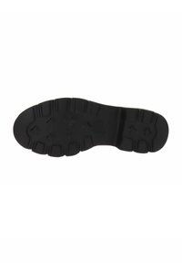 Semelle de chaussure noire présentant une surface texturée avec des nervures et des motifs pour une meilleure adhérence, forme arrondie et matériau en caoutchouc durable.