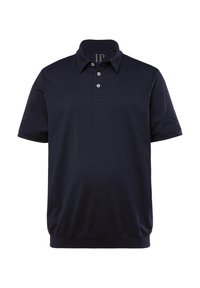 Tummansininen polo-paita, joka on valmistettu puuvillasta, varustettu napitetulla kauluksella, lyhyillä hihoilla ja ribbireunalla, jossa on hienovarainen tekstuuri.