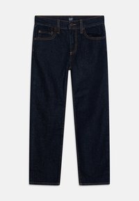 Mørkeblå denimjeans med synlig oransjefarging i sømmene, fem-lomme design, rett benkutt, med knapp og glidelås foran.