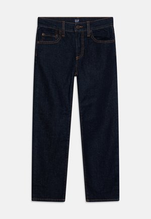 Mørkeblå denimjeans med synlig oransjefarging i sømmene, fem-lomme design, rett benkutt, med knapp og glidelås foran.