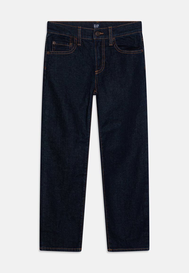 Mørkeblå denimjeans med synlig oransjefarging i sømmene, fem-lomme design, rett benkutt, med knapp og glidelås foran.