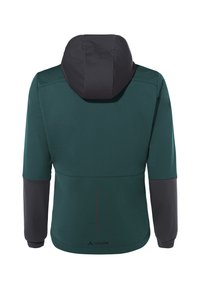 Giacca verde scuro con cappuccio nero e maniche inferiori nere, vista da dietro, con un piccolo logo riflettente vicino all'orlo.