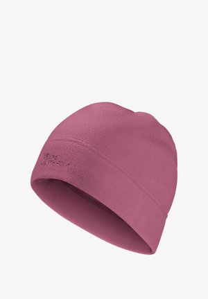 Fleece beanie in een zachte roze kleur, met een gladde textuur en een subtiele logodetail. Het heeft een stevige pasvorm en een ronde kroonontwerp.