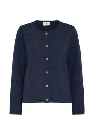 Geacă matlasată bleumarin cu decolteu rotund, mâneci lungi și șase nasturi auriu apăsați pe partea din față.