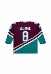 Maglia da hockey con il nome "Selanne" e il numero 8 sul retro, caratterizzata da colori bordeaux, verde acqua e bianco, con toppe della squadra sulle spalle.