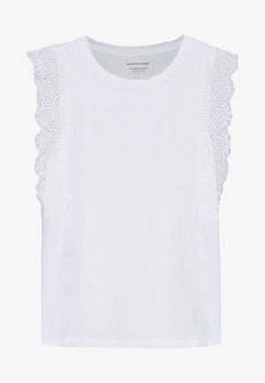 Biała bezrękawnikowa bluzka z koronkową lamówką na ramionach, okrągłym dekoltem i miękką bawełnianą tkaniną, rozmiar mały, marka Banana Republic.