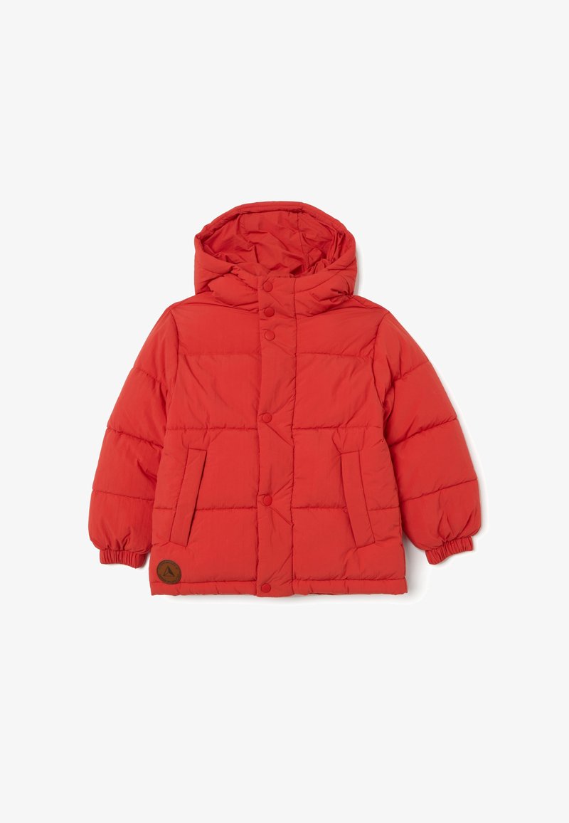 Giacca a vento rossa con cappuccio, caratterizzata da un design trapuntato, bottoni a pressione, due tasche frontali e polsini elasticizzati. Patch con logo marrone sull'orlo.