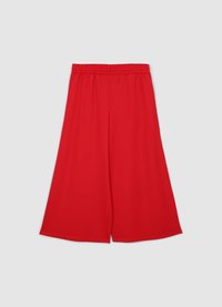 Pantalon rouge à jambes larges avec une taille élastique, en tissu lisse, doté d'un design léger et fluide sans ornements visibles.