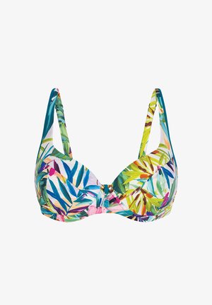 Wielokolorowy stanik bikini z tropikalnym wzorem liści, regulowane ramiączka i zapięcie na hak w centrum. Gładka tekstura materiału.