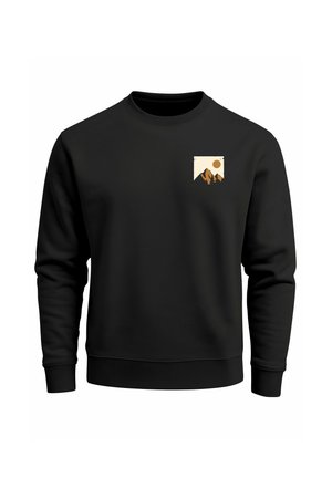 Black sweatshirt in a soft fabric, featuring a small graphic of mountains and sun in orange and beige on the left chest area.