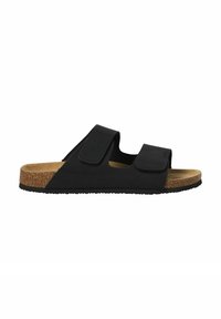 Sort sandal med to justerbare stropper, korkfodersål og gummiydersål. Har en glat tekstur og flad design.