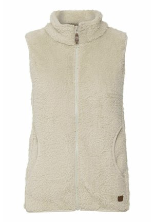 Fleece vest in soft cream with a high collar, full front zip, and side pockets. Features a textured, plush surface and subtle branding.