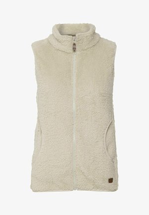 Fleece-Weste in sanftem Creme mit hohem Kragen, durchgehendem Reißverschluss und Seitentaschen. Verfügt über eine strukturierte, plüschige Oberfläche und dezente Markenkennzeichnung.