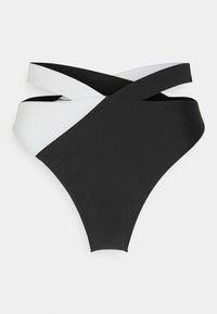 Parte de baixo de biquíni em preto e branco com um design de corte alto. Apresenta tiras sobrepostas em cores contrastantes e um acabamento liso e mate.