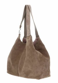 Taubfarbene Wildleder-Handtasche im Hobo-Stil mit einem einzelnen Tragegurt aus passendem Leder und einem weichen Innenfutter.