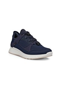 Navy blue athletic sneaker with mesh and synthetic upper, adjustable toggle laces, padded collar, and white rubber sole with beige tread.