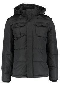 Svart vadderad jacka med huva, som har två bröstfickor, framfickor och dragkedja. Strukturerad tyg med en mjuk yta.