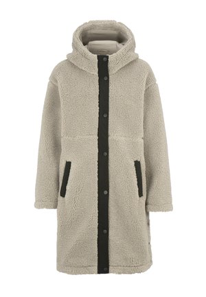 Crèmekleurige fleece jas met een capuchon, voorzien van een zwarte knopenrij aan de voorkant, zijzakken en een gestructureerd, zacht oppervlak.