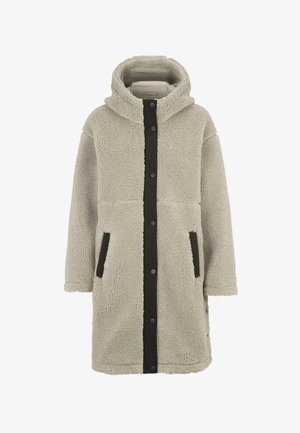 Manteau en polaire couleur crème avec capuche, doté d'une fermeture à boutons noirs sur le devant, de poches latérales et d'une surface texturée et douce.