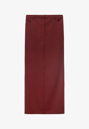 Bordeauxfarbenen, knielangen Rock mit geradem Schnitt. Verfügbar mit zwei vorderen Taschen und einem glatten, strukturierten Stoff mit einem dezenten Glanz.