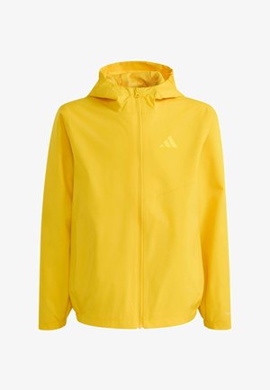 Felgele capuchonjas met ritssluiting aan de voorkant, elastische manchetten, mesh voering aan de binnenkant van de capuchon en een subtiel logo op de linkerborst.