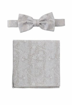 Silver bow tie with intricate paisley pattern and matching pocket square, both featuring a textured finish and elegant design details.