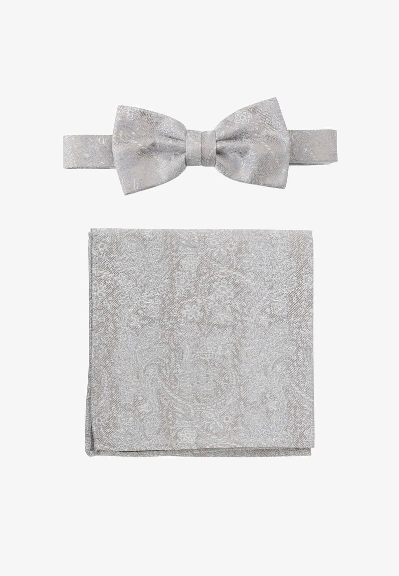 Silver bow tie with intricate paisley pattern and matching pocket square, both featuring a textured finish and elegant design details.