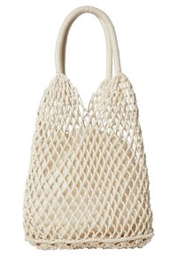 Lightweight netted tote bag made of woven, cream-colored material with two sturdy handles and an open design for easy access.
