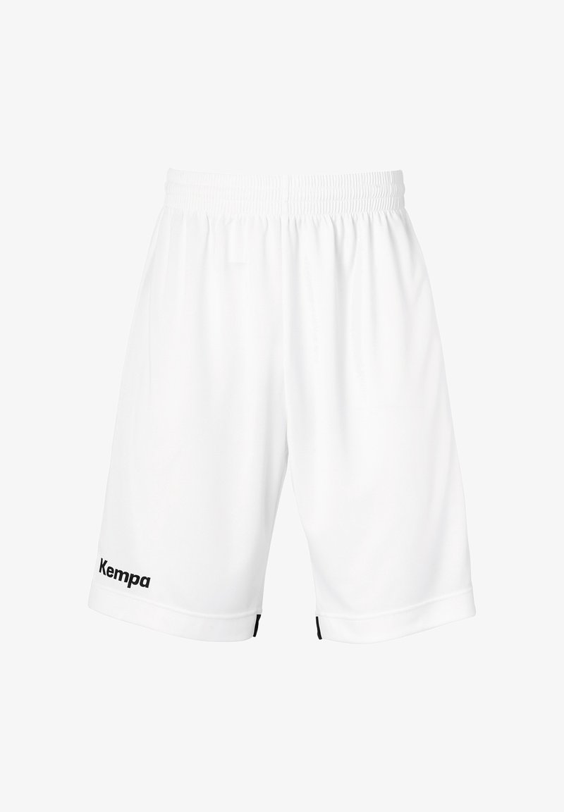 Shorts de sport blancs en tissu léger. Dotés d'une taille élastique et du logo "Kempa" en noir en bas à gauche.